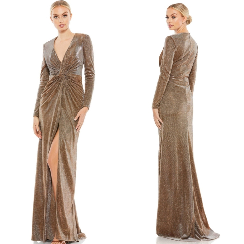 Mac Duggal | Metallic Bronze Front Twist V-Neck Long Sleeve Gown NWT
